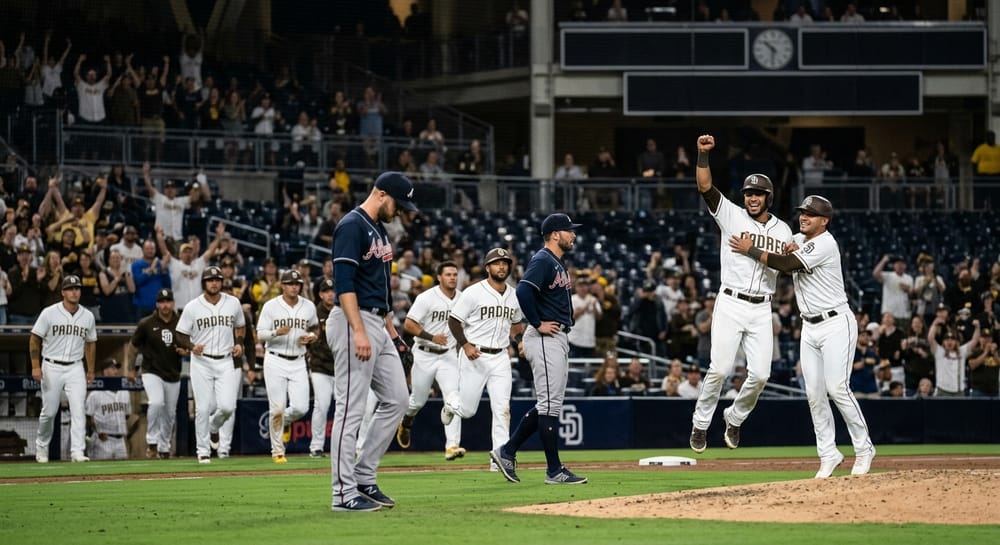 Atlanta Braves and San Diego Padres players during a 10-inning game at Petco Park in San Diego on June 23, 2026.