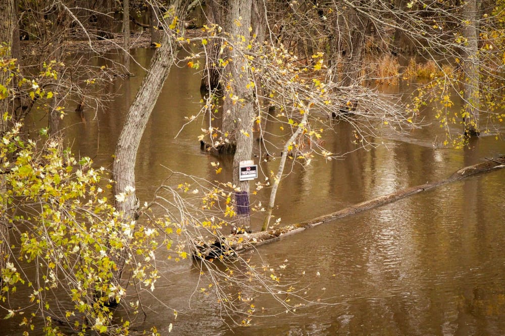 Camp buildings near the Guadalupe River in Kerr County, Texas, after the July 2025 flash flood disaster