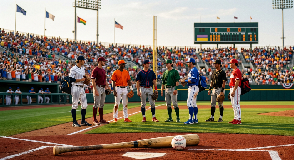 A college baseball stadium scene representing the eight teams that reached the 2026 Men's College World Series in Omaha.