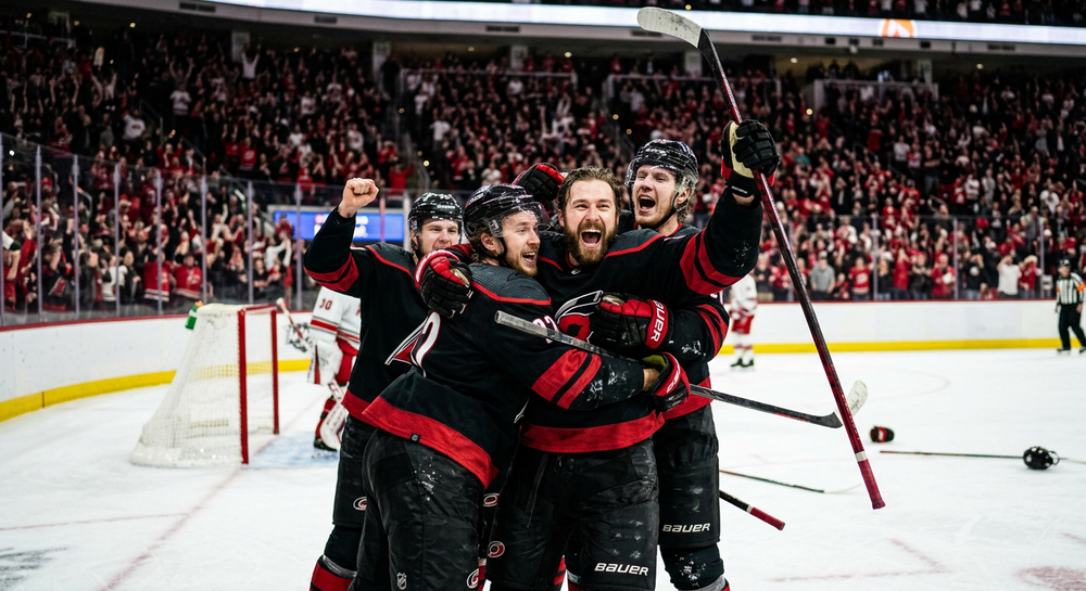 Carolina Hurricanes players celebrate during the Stanley Cup Final after taking a 3-2 series lead.