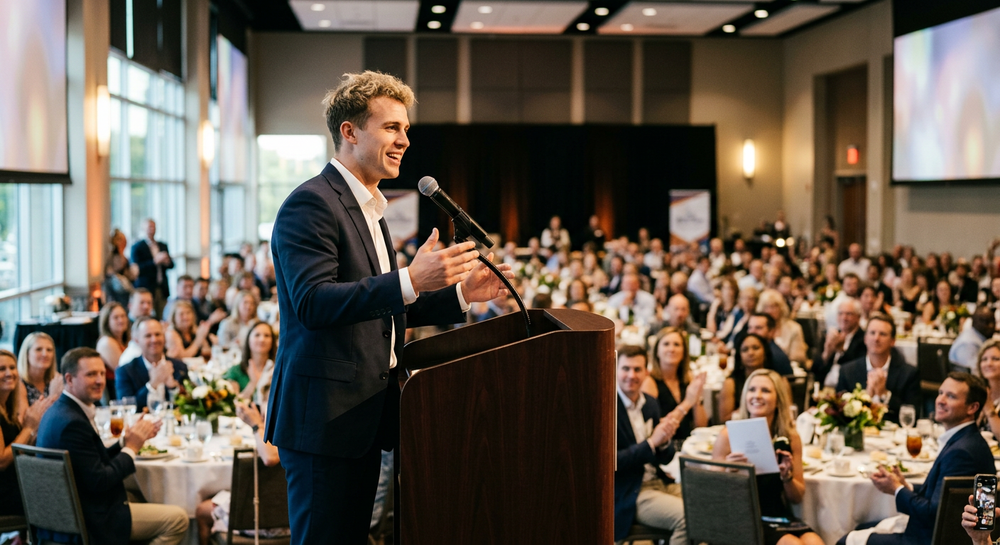 Ladd McConkey speaking at the Best of Preps banquet in Chattanooga on June 25, 2026