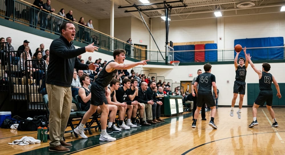 High school basketball game with players and coaches reacting from the sideline during live play