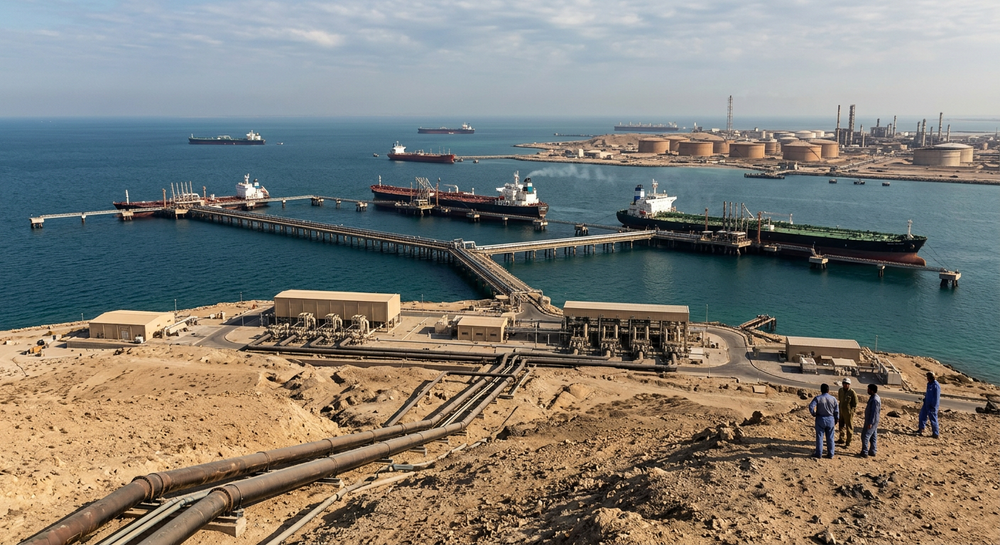 Oil tanker terminal infrastructure on Iran's Kharg Island, a major Persian Gulf crude export point tied to global fuel price risk.