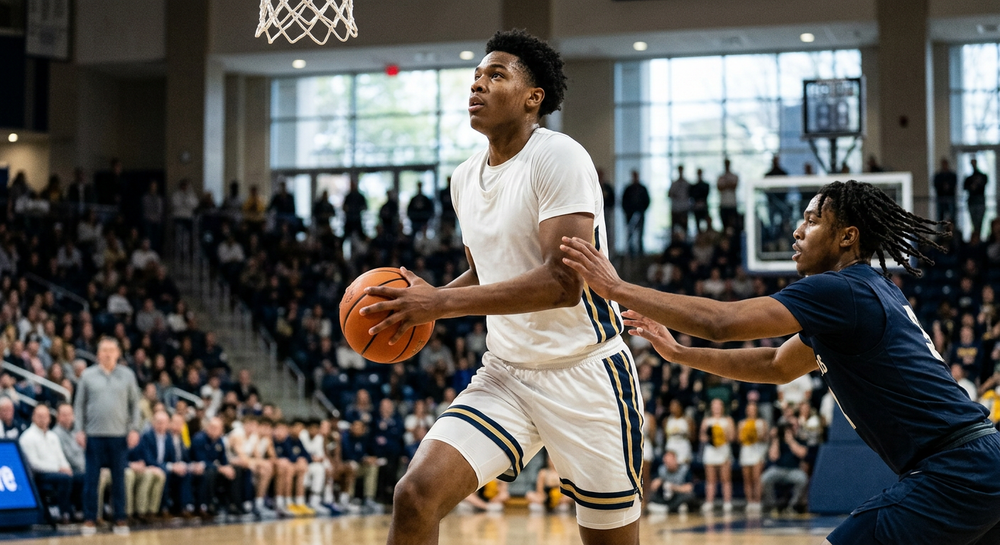 AJ Dybantsa in a BYU basketball uniform during game action before being selected by the Washington Wizards with the No. 1 pick in the 2026 NBA draft.