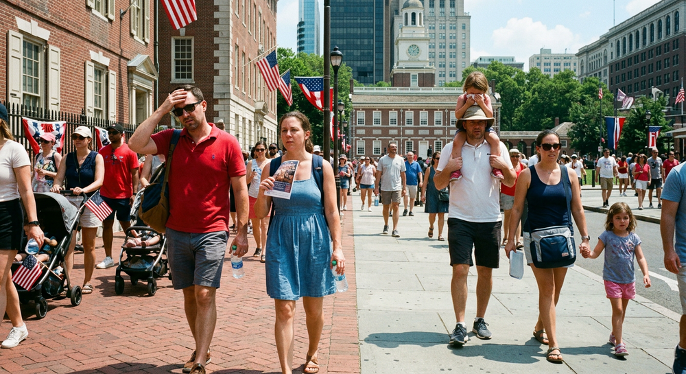 People walking in hot summer weather during July 4 holiday conditions in Philadelphia