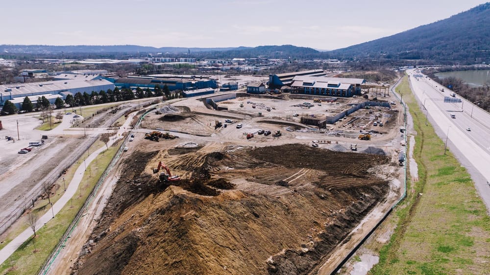 Aerial view of Volkswagen's manufacturing campus at Enterprise South Industrial Park in Chattanooga, Tennessee.