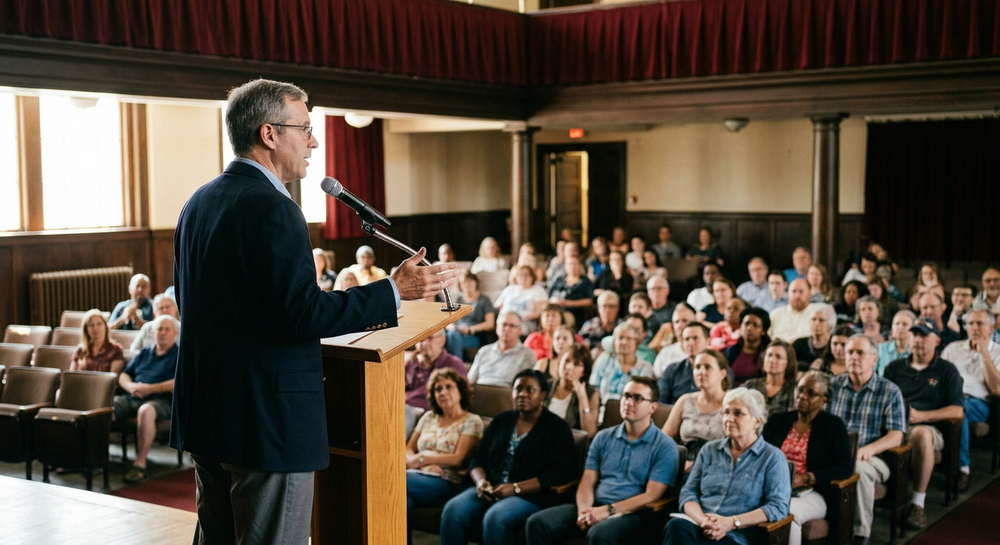 Jon Meacham speaking at a public event in Chattanooga about Thomas Jefferson and American political history.