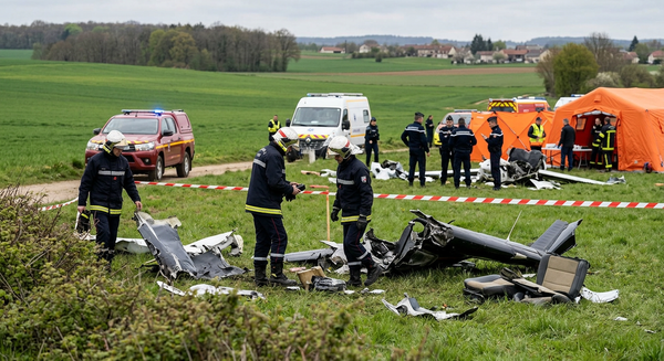 Emergency response scene near Tomblaine by Nancy after a skydiving plane crash in eastern France