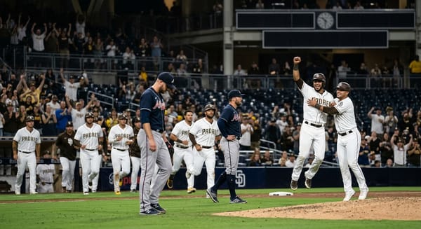 Atlanta Braves and San Diego Padres players during a 10-inning game at Petco Park in San Diego on June 23, 2026.