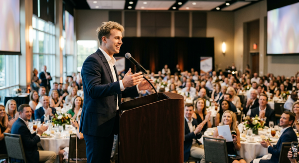 Ladd McConkey speaking at the Best of Preps banquet in Chattanooga on June 25, 2026