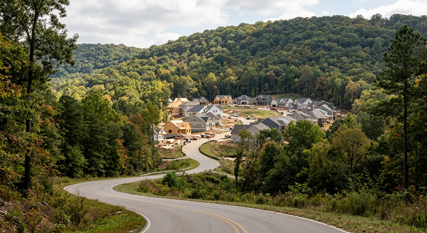 Homes and wooded ridge landscape near Snow Hill Road in Ooltewah, where Pratt plans the 165-home Ridgesong development.