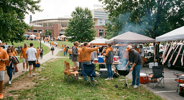Tennessee Volunteers football game day scene with fans preparing for an early kickoff, relevant to the Texas noon start and UTC's Alabama opener