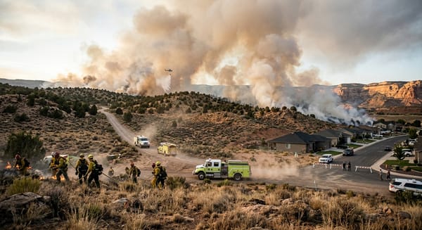 Wildfire smoke rises over dry terrain in Utah as crews respond near evacuated communities in Washington County