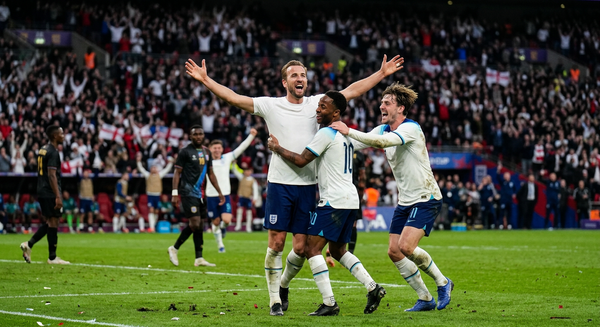 England players celebrate after the World Cup win over DR Congo that sent them on to Mexico City.