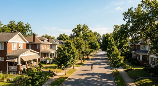 Sunlight and summer heat on a residential street in Chattanooga, with homes and trees under bright afternoon conditions.